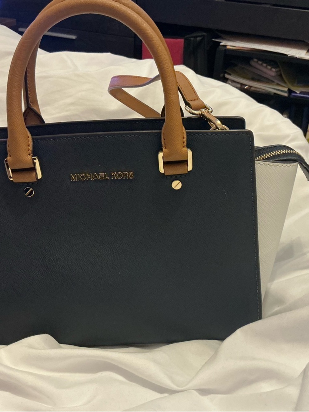 MICHAEL KORS Navy, White and Tan Leather Satchel